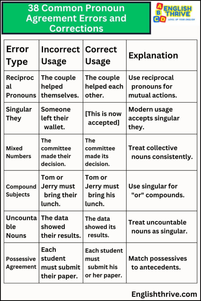 38 Common Pronoun Agreement Errors and Corrections