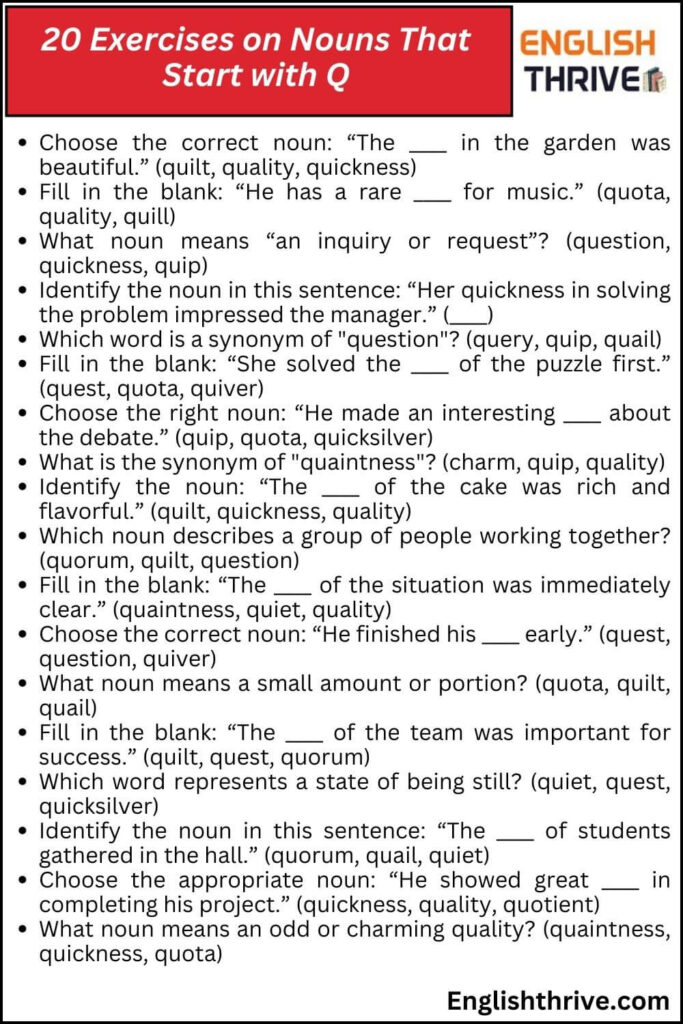 20 Exercises on Nouns That Start with Q