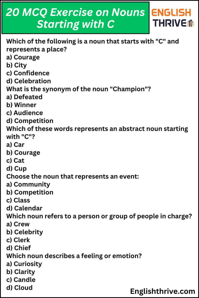 20 MCQ Exercise on Nouns Starting with C