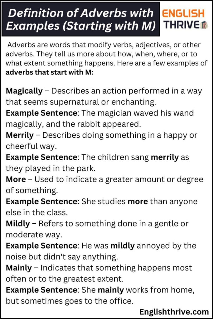 Definition of Adverbs with Examples (Starting with M)