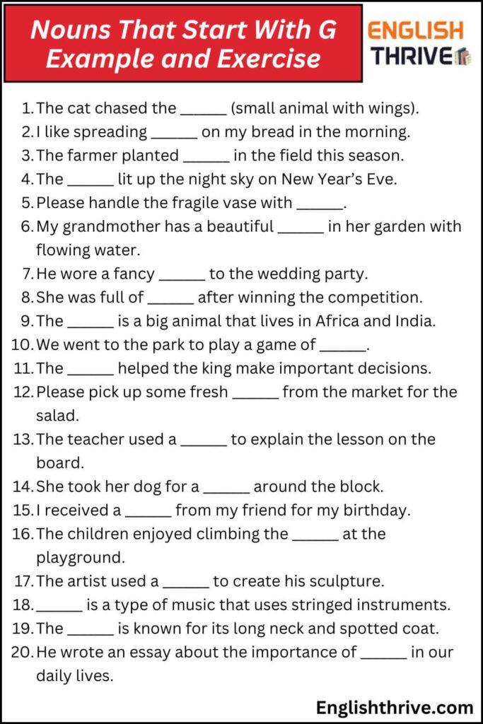 Nouns That Start With G Example and Exercise