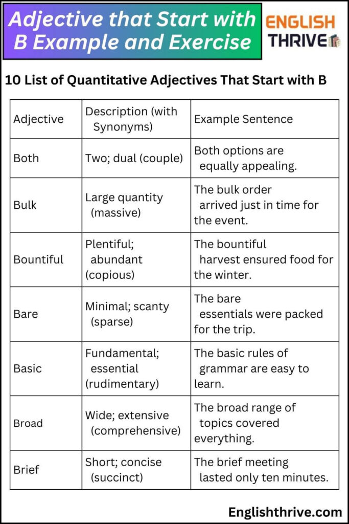 10 List of Quantitative Adjectives That Start with B.
