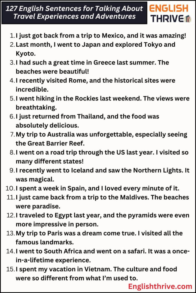 127 English Sentences for Talking About Travel Experiences and Adventures