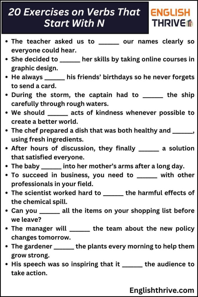 20 Exercises on Verbs That Start With N