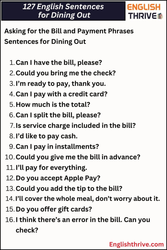 English Sentences for Dining Out