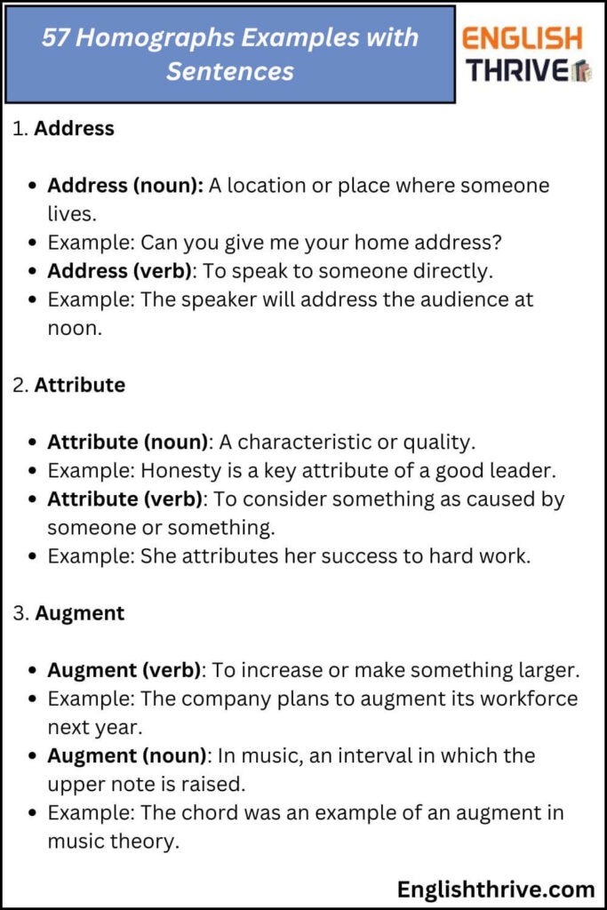 57 Homographs Examples with Sentences