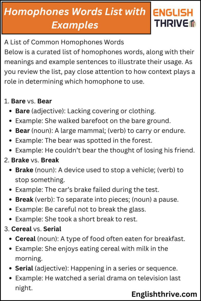 Homophones Words List with Examples