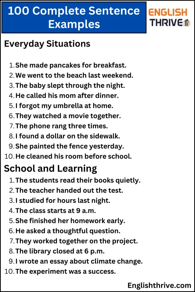 100 Complete Sentence Examples