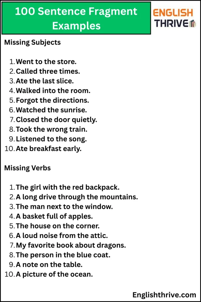 100 Sentence Fragment Examples