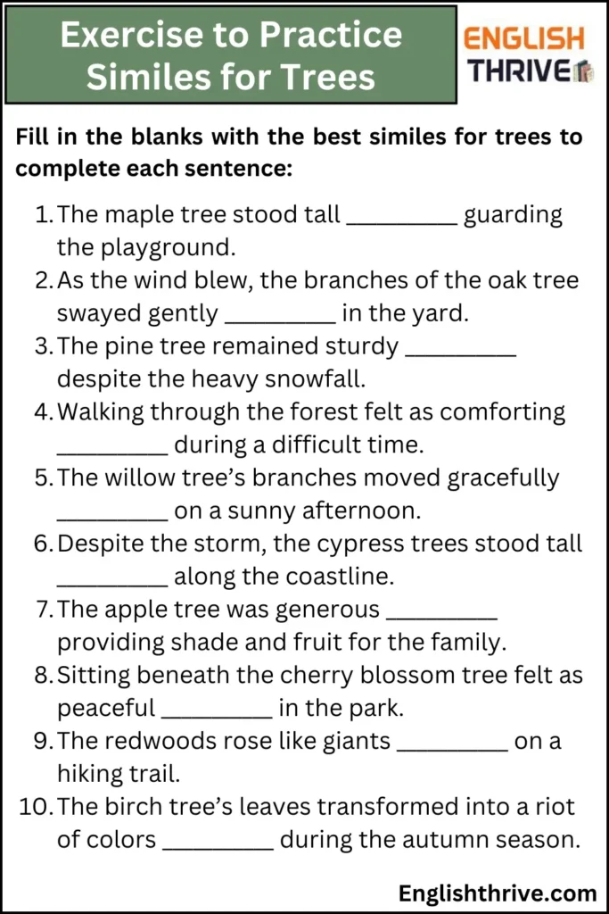 Want to make your writing bloom like a tree in spring? Try this exercise to practice similes for trees and improve your descriptive nature writing. These fun and simple simile exercises for trees help students and writers use figurative language to describe trunks branches and leaves in vivid ways. Great for classrooms or creative journaling this tree simile worksheet builds strong writing skills. Save this pin for engaging language practice!