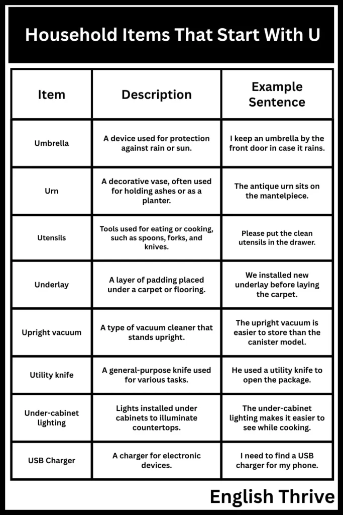 Household Items Starting With 'U'
