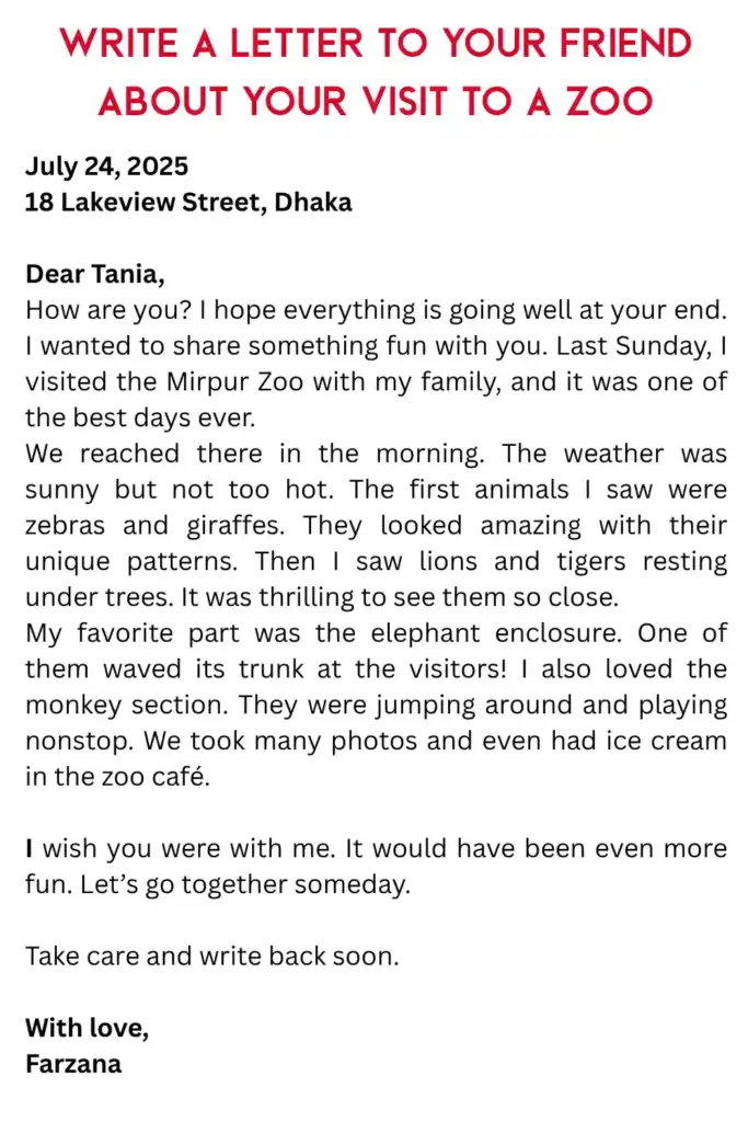 Write a Letter to Your Friend About Your Visit to a Zoo