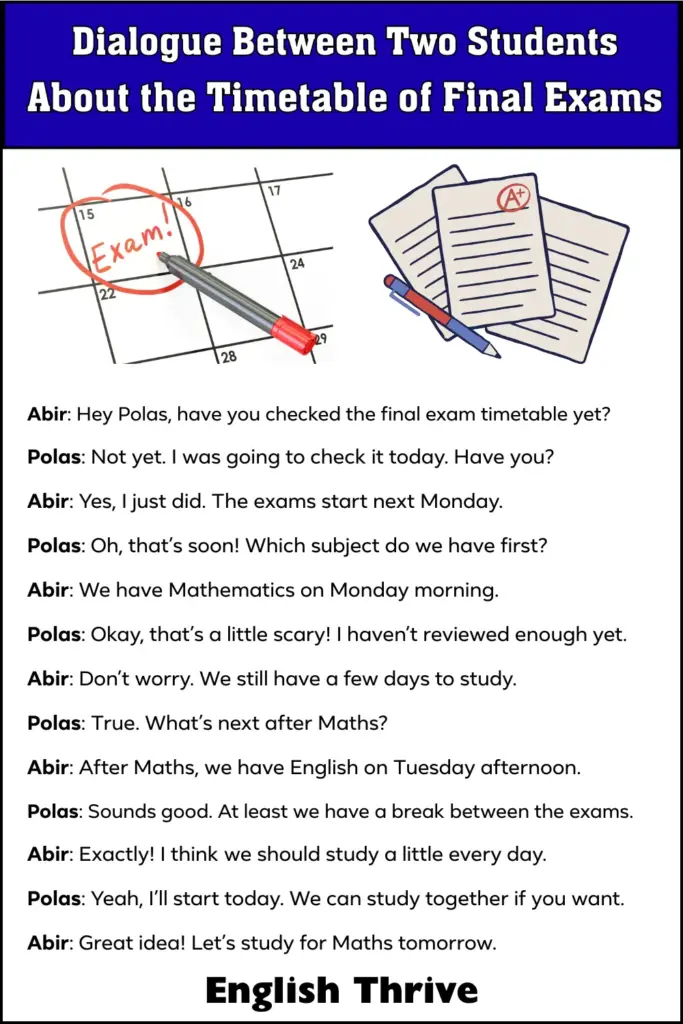 Dialogue Between Two Students About the Timetable of Final Exams