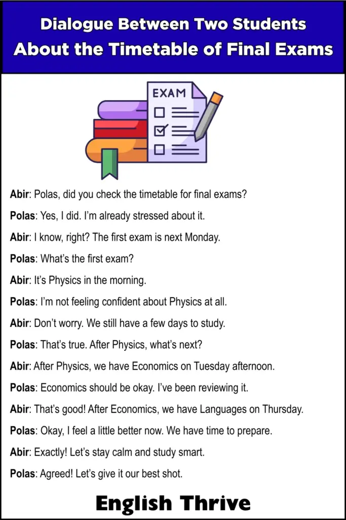 Dialogue Between Two Students About the Timetable of Final Exams for Students