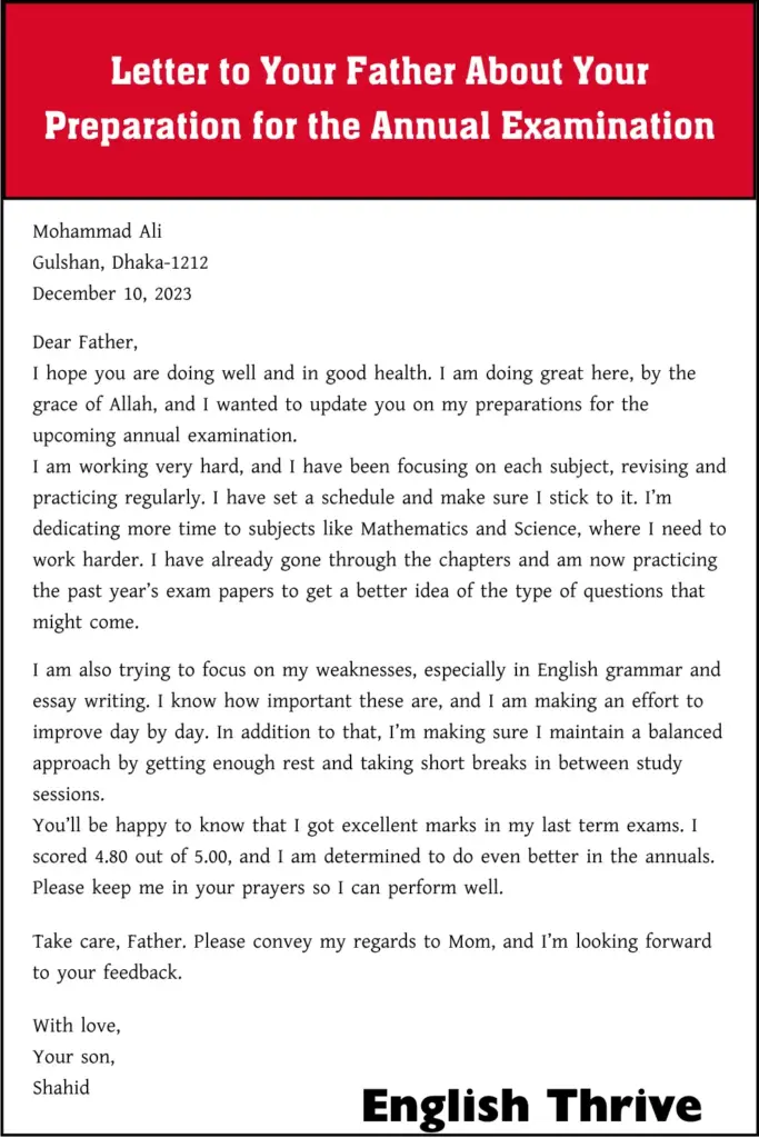 Letter to Your Father About Your Preparation for the Annual Examination for Students