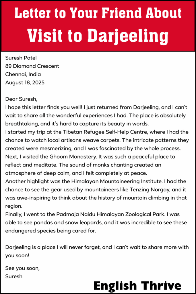 Letter to Your Friend About Visit to Darjeeling