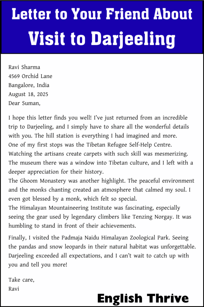 Letter to Your Friend About Visit to Darjeeling for Students