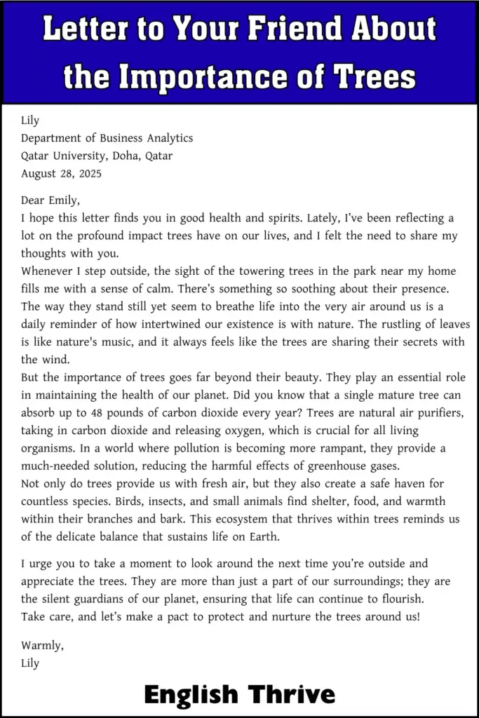 Letter to Your Friend About the Importance of Trees for Students