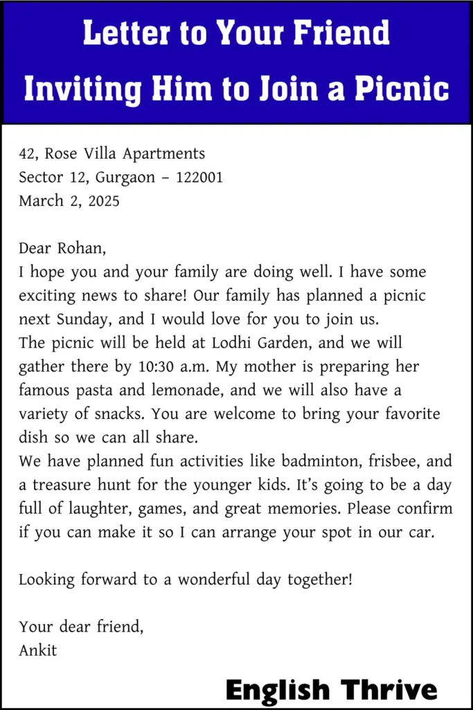 Letter to Your Friend Inviting Him to Join a Picnic for Students