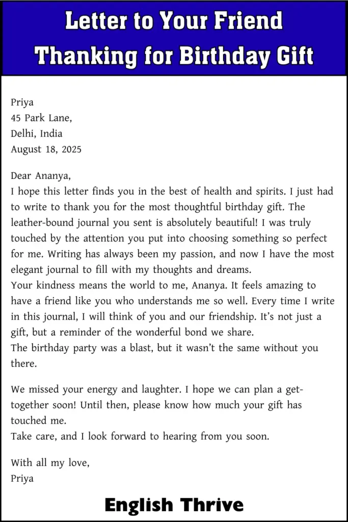 Letter to Your Friend Thanking for Birthday Gift for Students