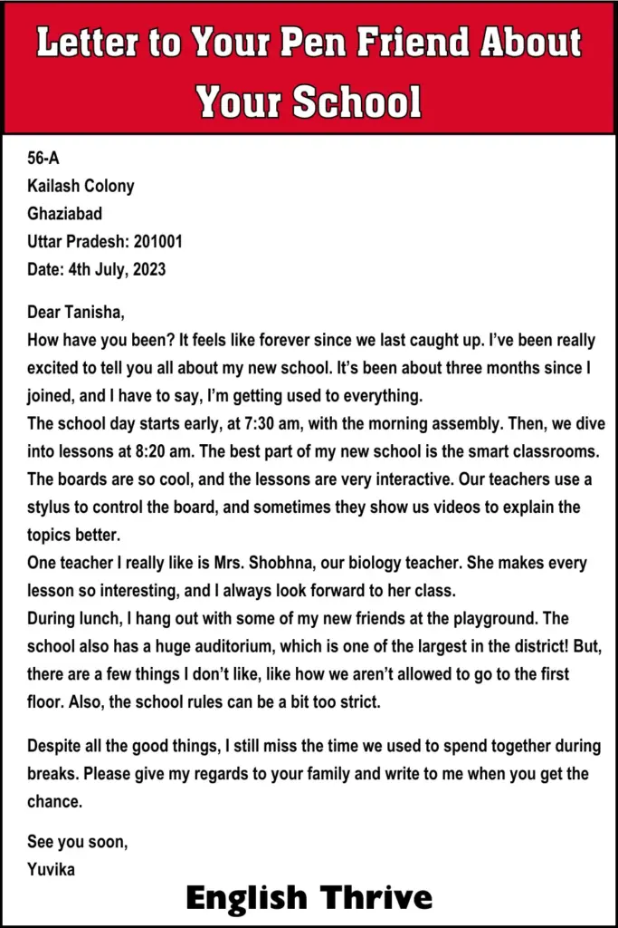 Letter to Your Pen Friend About Your School for Students