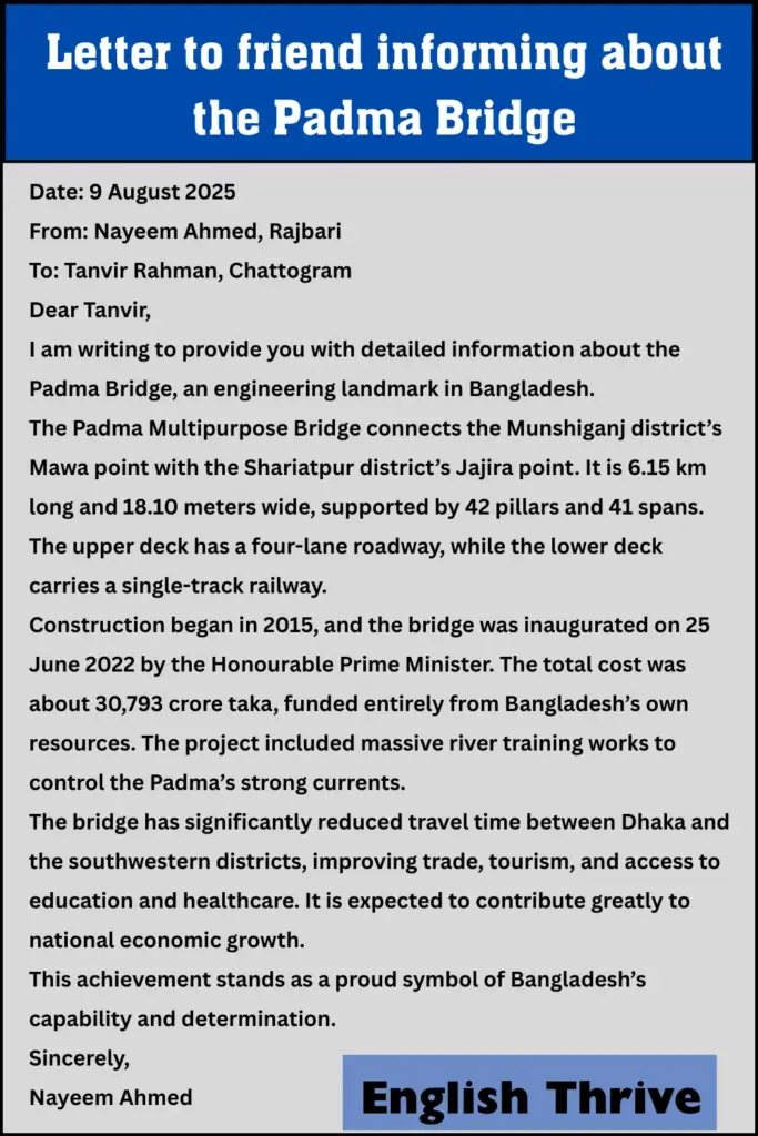 Letter to friend informing about the Padma Bridge