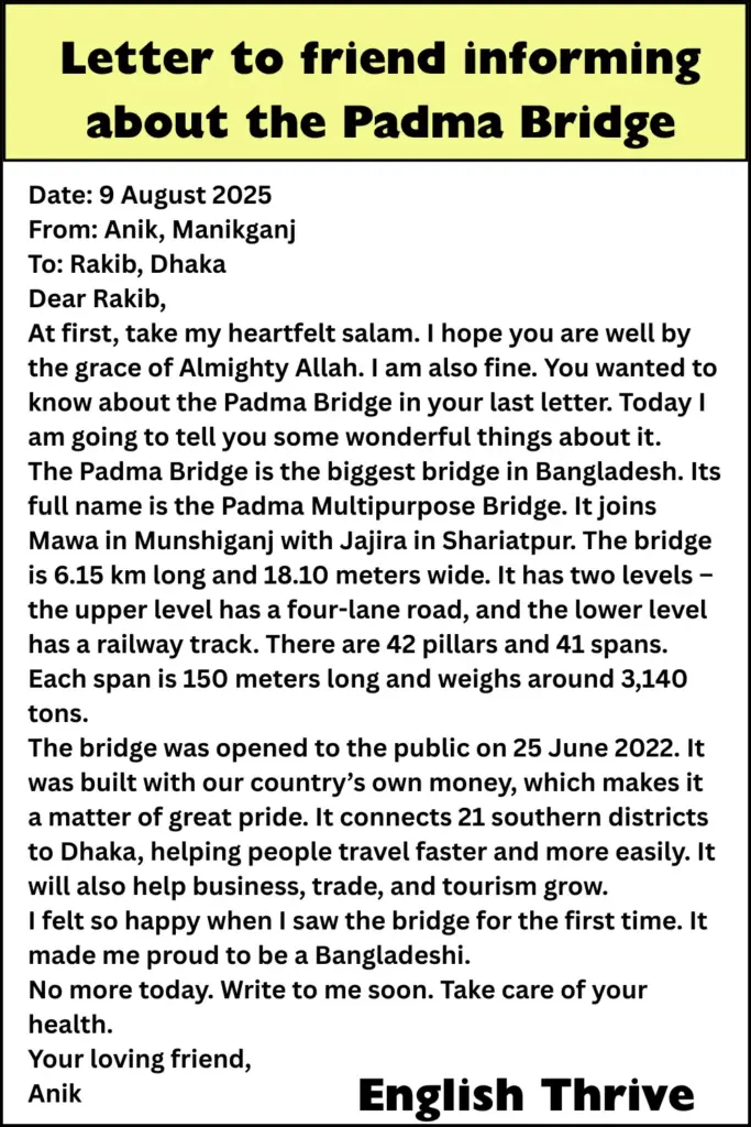 Letter to friend informing about the Padma Bridge