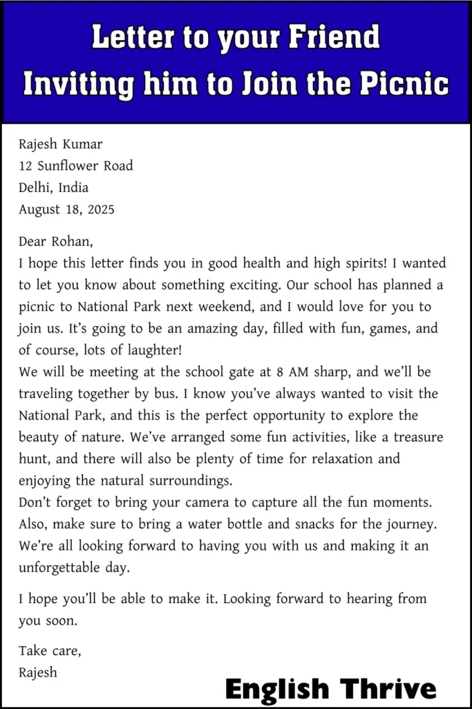 Letter to your Friend Inviting him to Join the Picnic