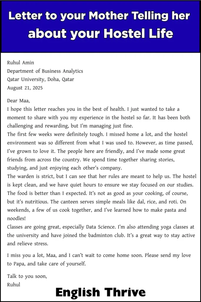 Letter to your Mother Telling her about your Hostel Life for Stusents