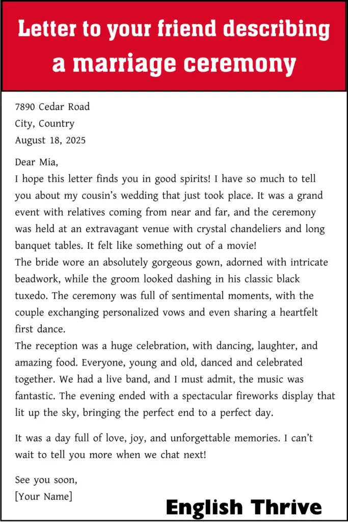 Letter to your friend describing a marriage ceremony for Students