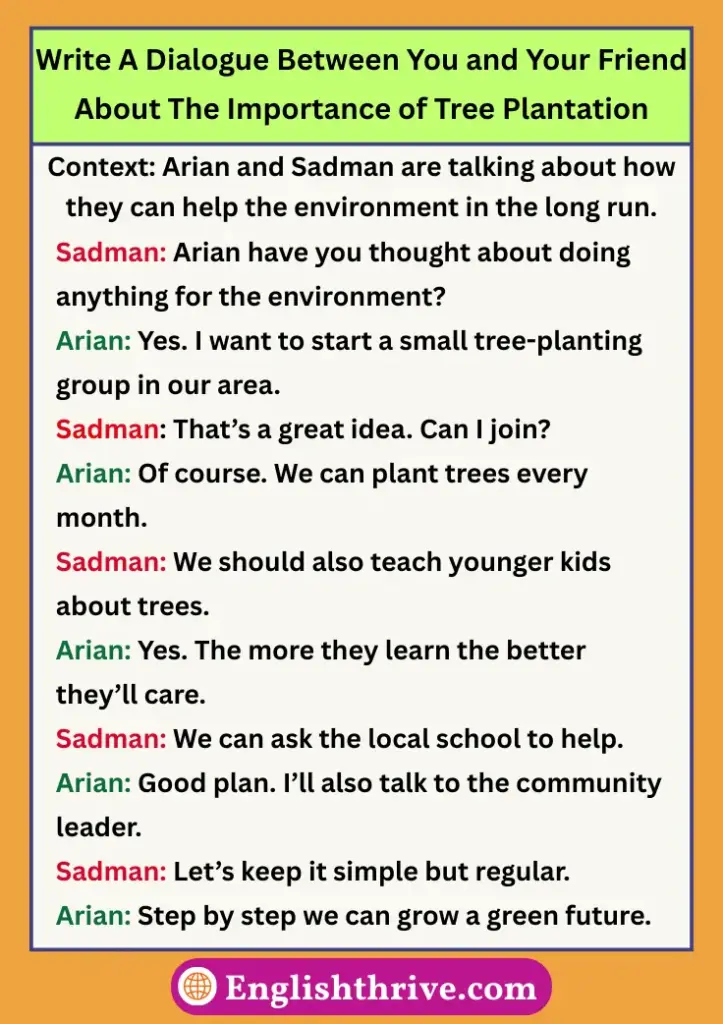 Write A Dialogue Between You and Your Friend About The Importance of Tree Plantation