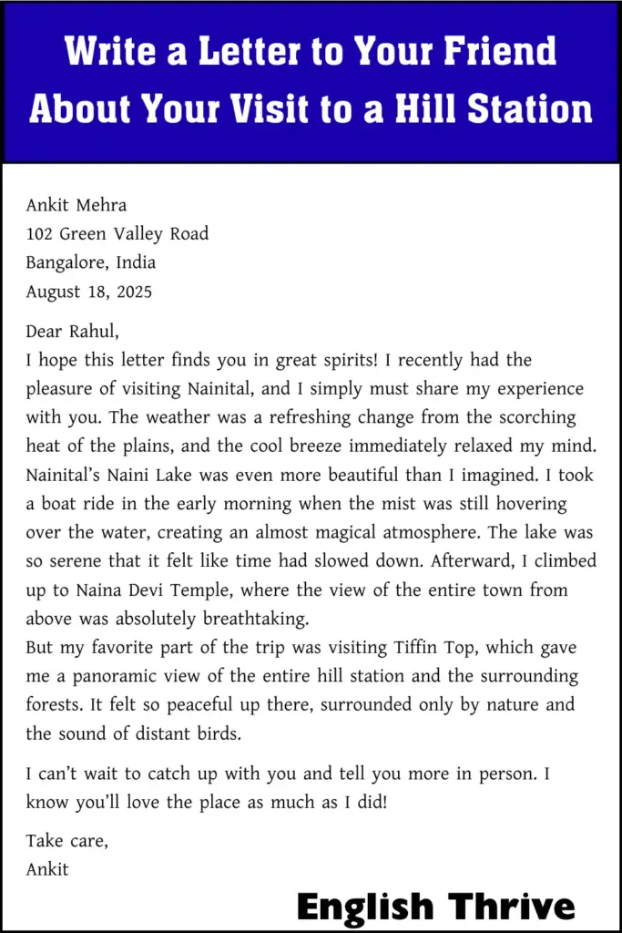Write a Letter to Your Friend About Your Visit to a Hill Station