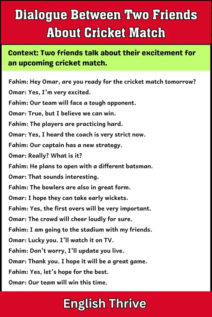Dialogue Between Two Friends About Cricket Match for Students