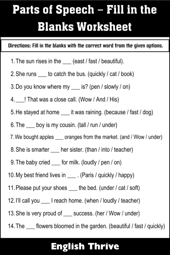 Parts of Speech – Fill in the Blanks Worksheet