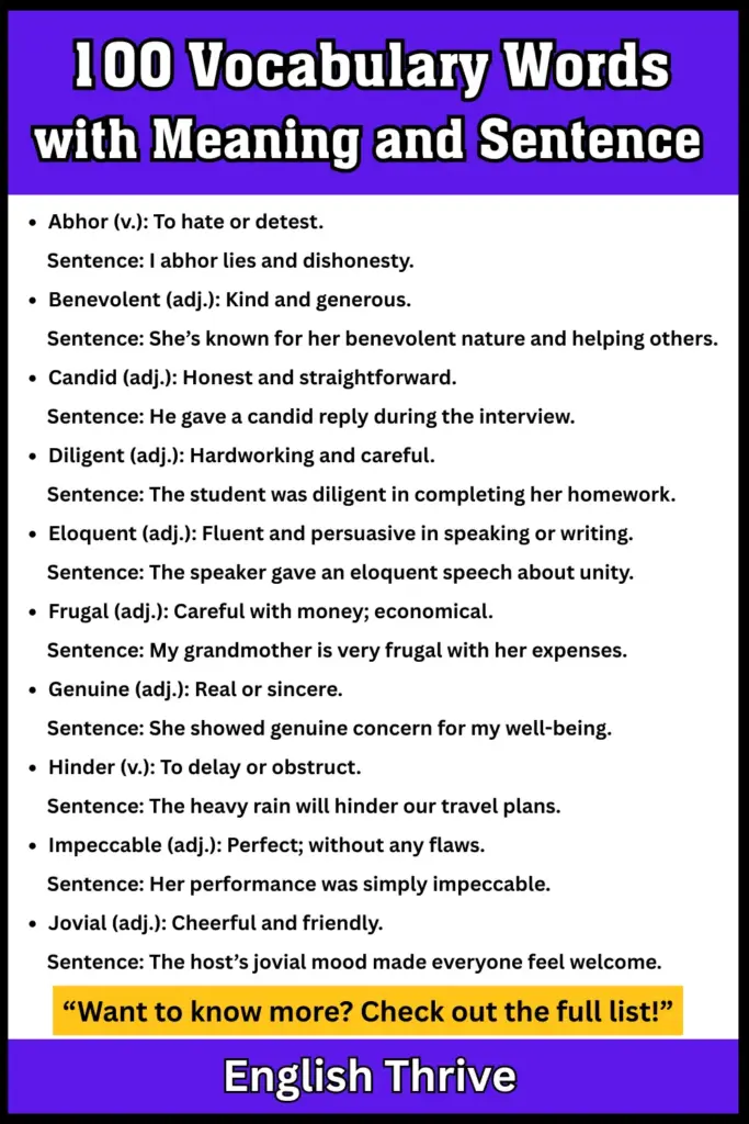 100 Vocabulary Words with Meaning and Sentence