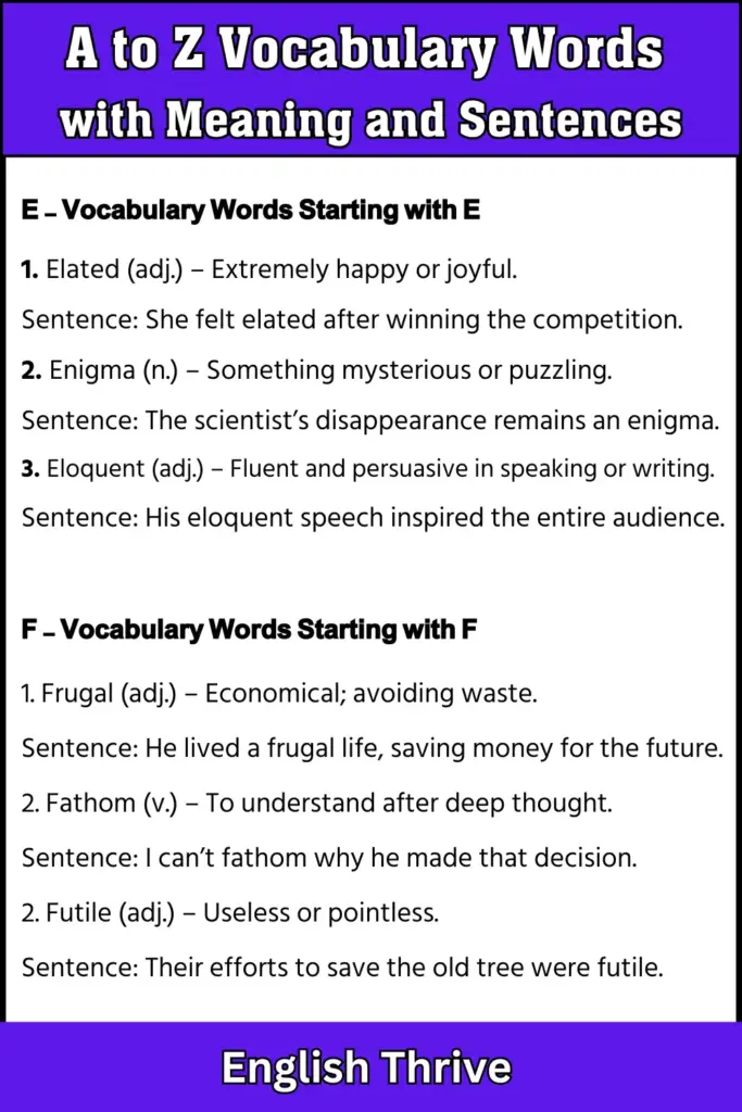 A to Z Vocabulary Words with Meaning