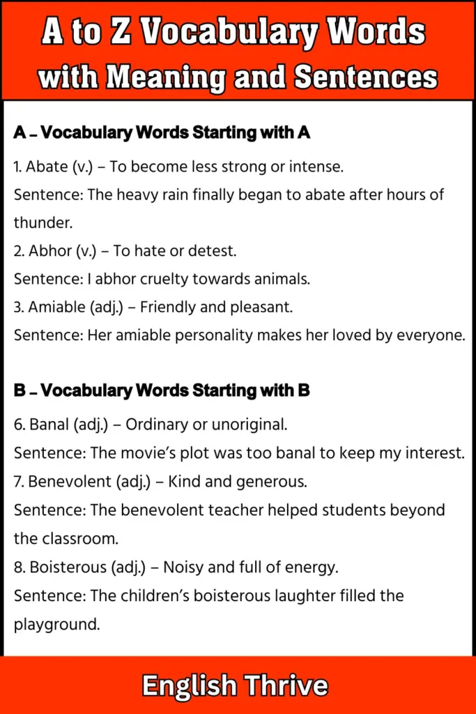 A to Z Vocabulary Words with Meaning and Sentences