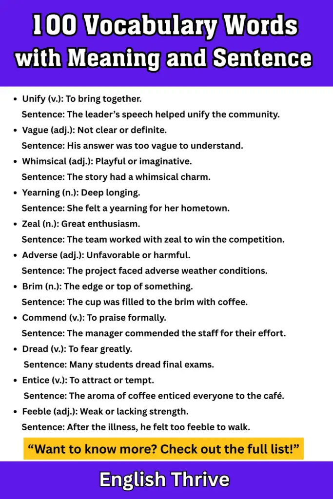 Vocabulary Words with Meaning and Sentence