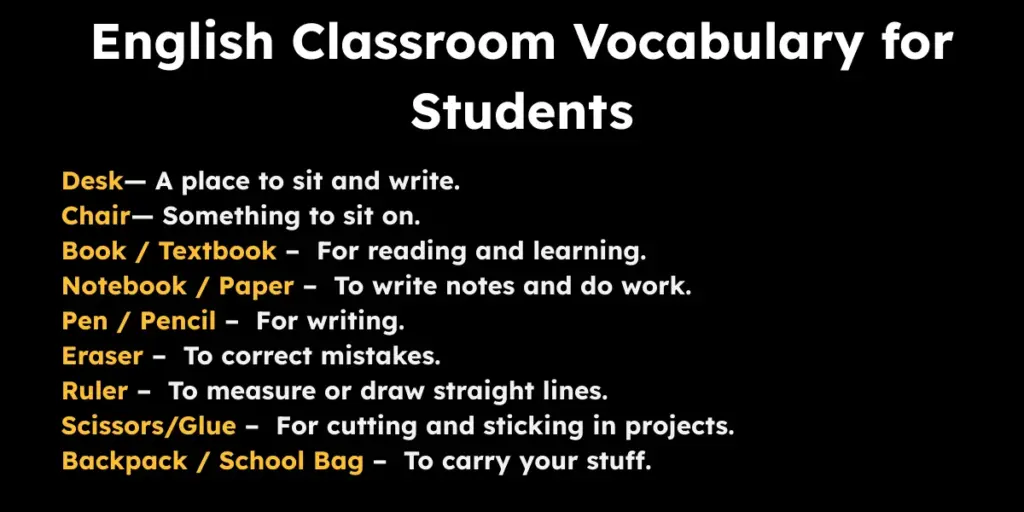 English Classroom Vocabulary for Students