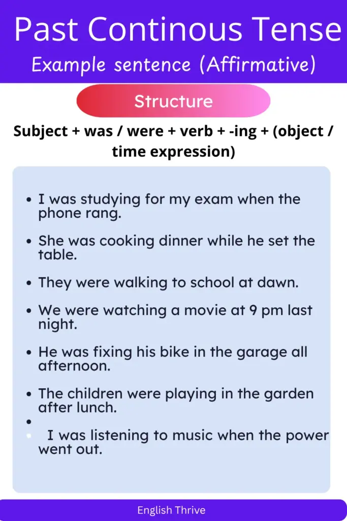 Past Continuous Tense Sentences