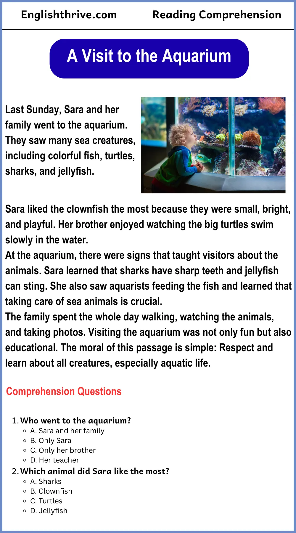 Reading comprehension- A visit to the Aquarium