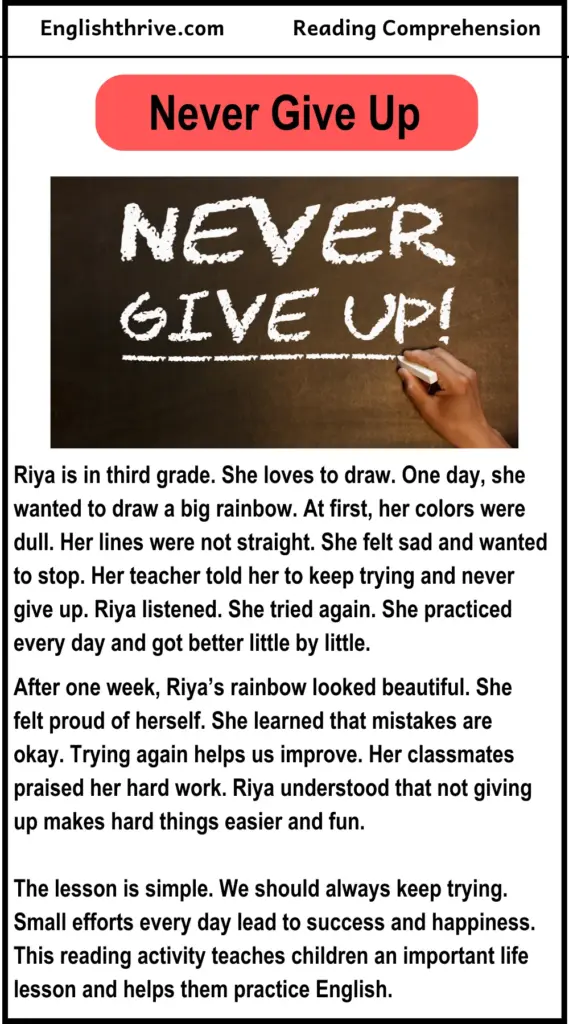 Never Give Up Reading Comprehension